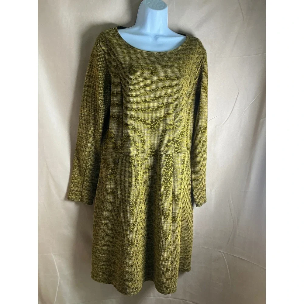 H&M A-Line Dress Womens L Mustard Black Excellent Textured Knit Zipper Pockets